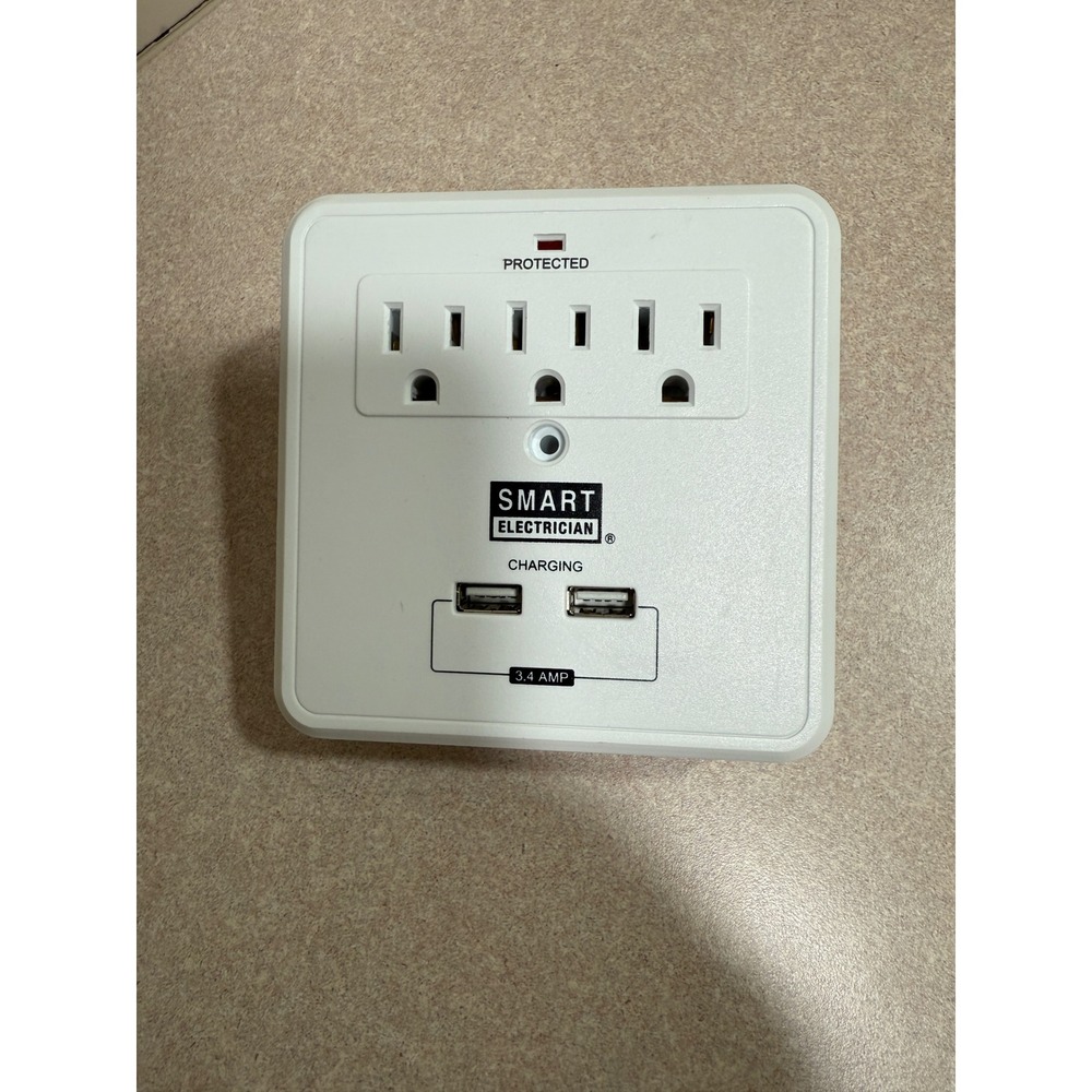 Smart Electrician 3 Outlet Wall Tap Surge Protector 2 USB Ports 3.4A White